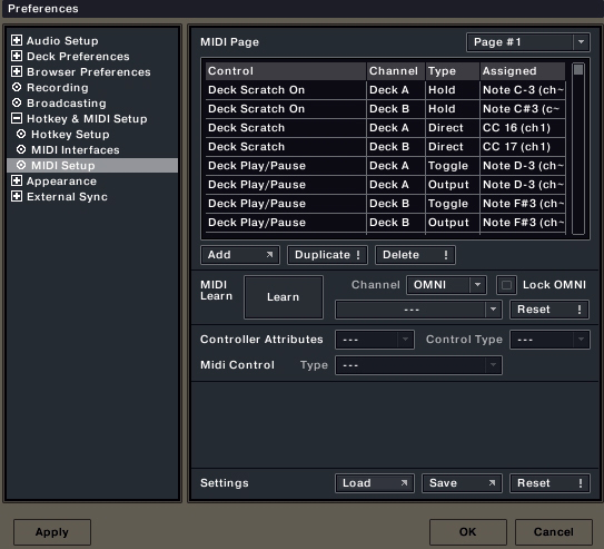 Traktor 3 : Page de configuration MIDI